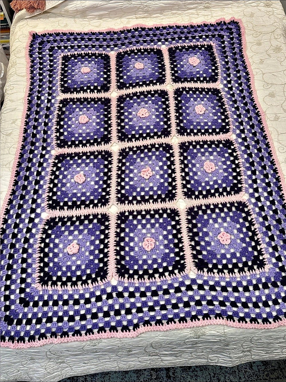 Crochet Granny Square Blanket in Purple & Pink approx twin bed size